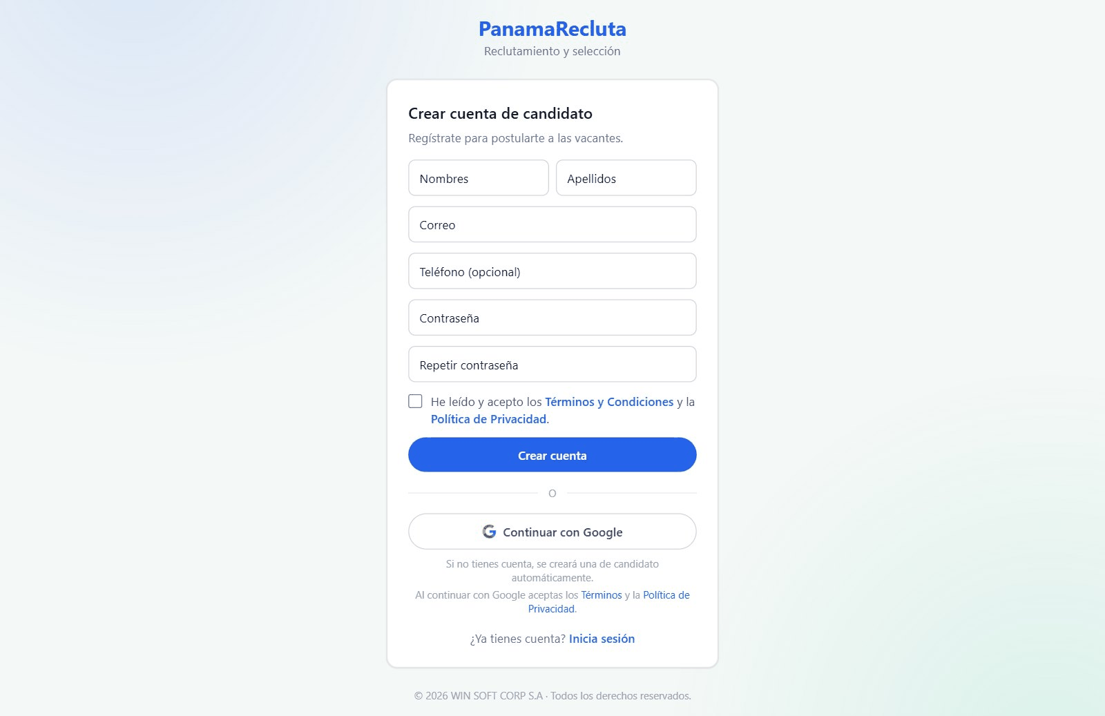 Pantalla «Crear cuenta de candidato».