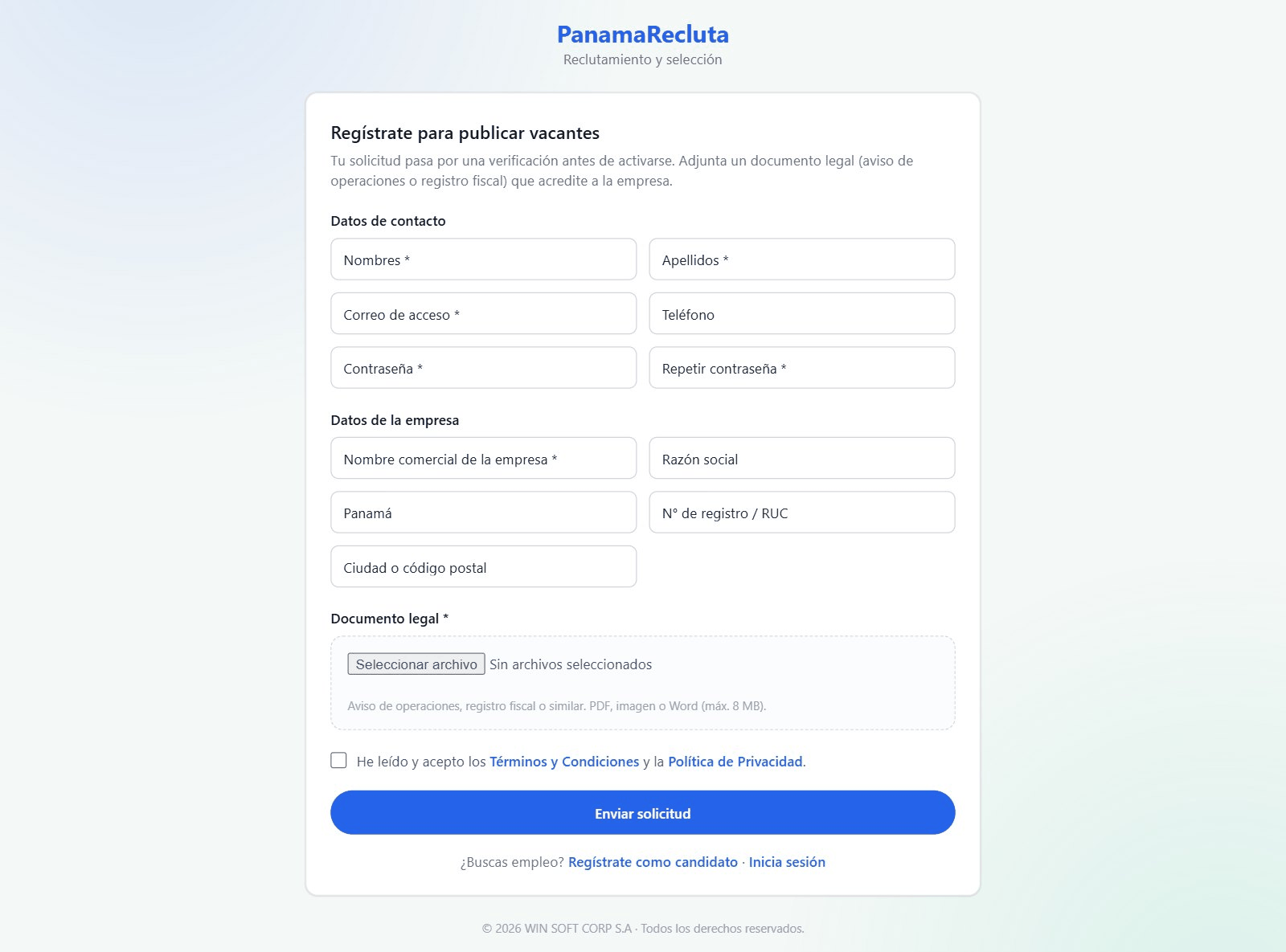 Formulario «Regístrate para publicar vacantes».