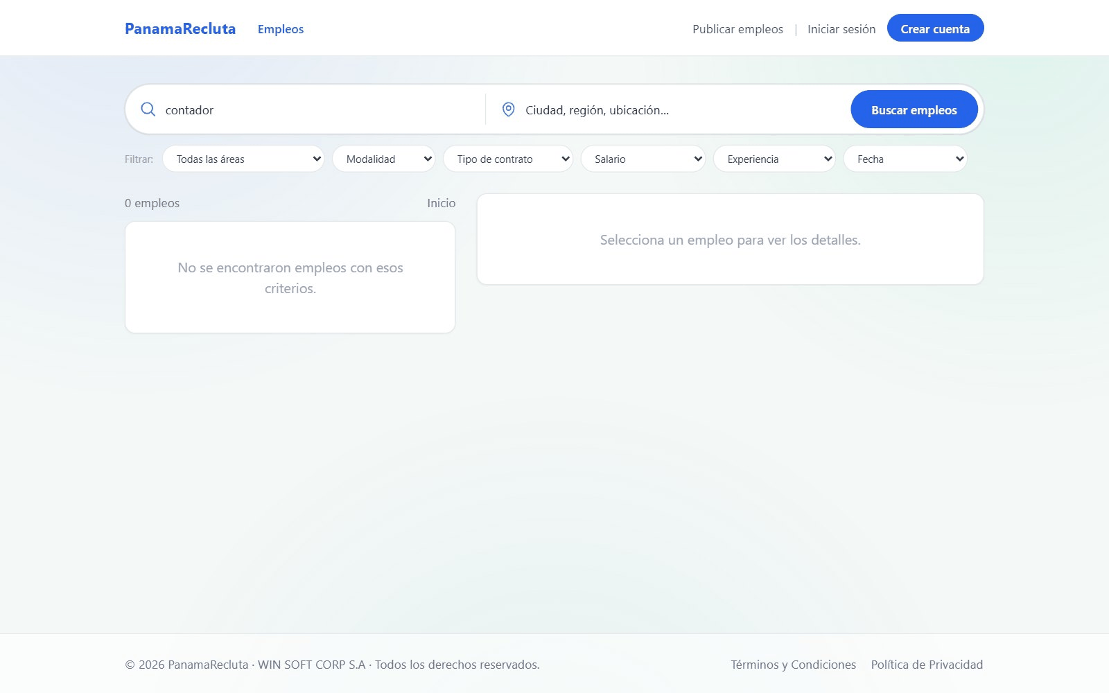 Resultados con filtros: lista a la izquierda y detalle a la derecha.