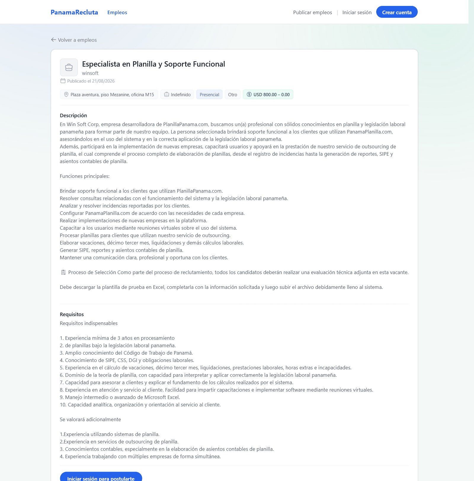 Detalle de un empleo. Sin sesión, el botón dice «Iniciar sesión para postularte».